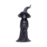 Black witch figurine with a hat and a small black cat on a white background