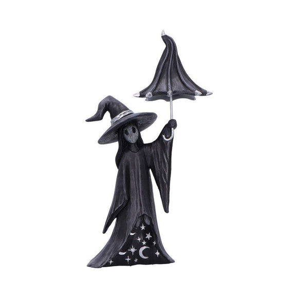Black witch figurine with an umbrella on a white background