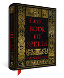 Book titled 'Lost Book of Spells' with ornate gold designs on a black background