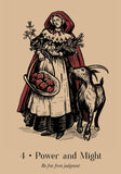 Illustration of a woman with a goat and a basket of fruit on a beige background, with text '4 Power and Might' at the bottom.