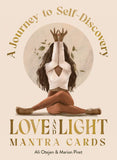 Book cover of 'Love and Light Mantra Cards' with a woman in a yoga pose and nature elements.