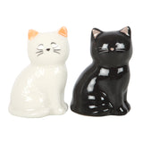 Two ceramic cat figurines, one white and one black, on a white background