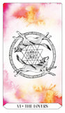 Tarot card featuring two wolves in a geometric design with watercolor background
