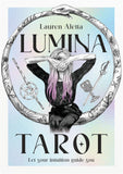 Book cover of 'Lumina Tarot' by Lauren Aletta with a person holding their hands over their face and tarot card symbols.
