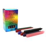 Set of colorful magic spell candles with their packaging on a white background