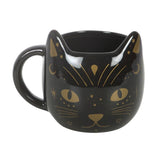 Black cat-shaped mug with gold accents on a white background