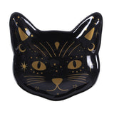 Black cat-shaped dish with gold accents on a white background