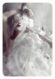 Artistic depiction of a woman in a white dress with floral elements