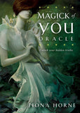 Book cover of 'Magick of You Oracle' by Fiona Horne featuring a woman in a white dress with a dark background.