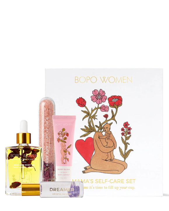 BOPO Women Mama's Self-Care Set with various products and an illustrated design on a white background.