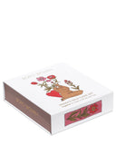 White box with floral design and text on a white background