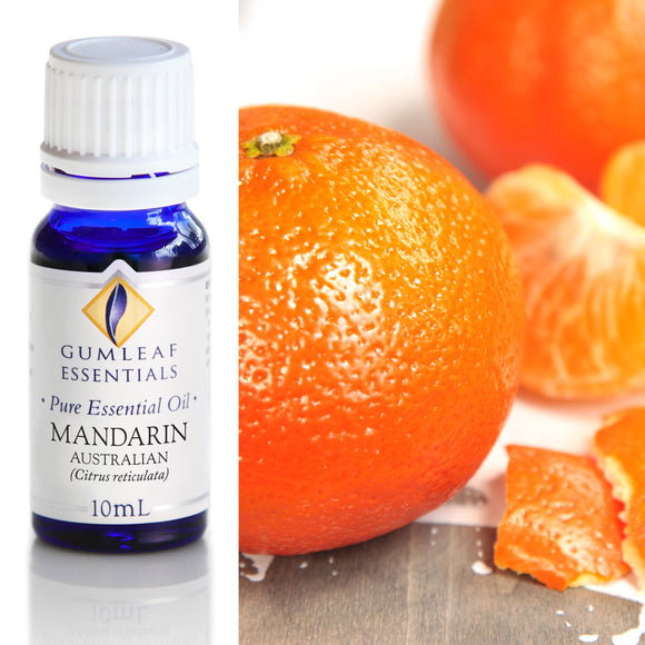 Bottle of Gumleaf Essentials Mandarin essential oil with mandarin fruits in the background