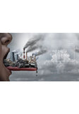 Artistic representation of a polluted cityscape being expelled from an open mouth, with text 'WE NEED TO CLEANSE' on a cloudy sky background.