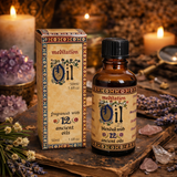 Meditation oil bottle and packaging on a mystical background with candles and crystals.