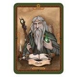 Card featuring an illustration of Merlin with a staff and owl, surrounded by mystical symbols.