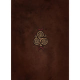 Brown fabric with a gold and red embroidered symbol