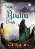 Book cover of 'Mists of Avalon Oracle' by Rose Inserra with a woman in a boat and raven.
