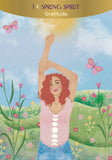 Illustration of a woman with raised arms in a field with flowers and butterflies, titled 'Spring Spirit Gratitude'.