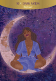Illustration of a woman in a blue dress sitting in front of a dark moon with '10 Dark Moon Retreat' text.