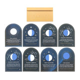 Set of eight moon phase cards with descriptive text on a white background