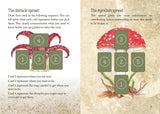 Two pages from a book showing tarot card spreads with illustrations of mushrooms and cards.