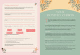 Brochure or flyer with text and floral designs on a pink and green background