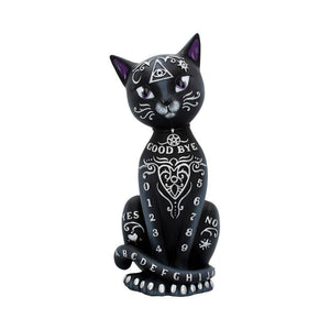 Black cat figurine with white designs and symbols on a white background