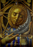Decorative cover with a face design and text 'Learn from Karma' on a blue background