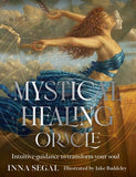 Book cover of 'Mystical Healing Oracle' with a woman in a blue dress holding a staff against a starry sky.