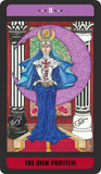 Tarot card titled 'The High Priestess' with a figure in blue robes and purple headdress against a decorative background.