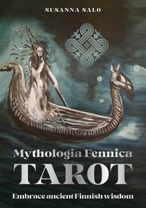 Book cover of 'Mythologia Fennica Tarot' featuring a woman in a boat with a dragon-like creature.