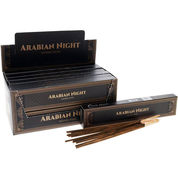 Box of Arabian Night incense sticks with a few sticks displayed in front on a white background
