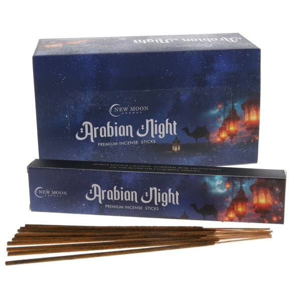 Box of New Moon Arabian Night premium incense sticks with incense sticks displayed in front.