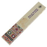 Incense stick packaging with geometric design and text on a white background
