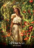 Woman in a white dress standing among lush greenery and red fruits with 'Pomona' branding.