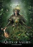 A stylized fantasy portrait of a woman in a lush green forest, dressed as Queen of Nature with leaves, roots, and small birds around her. A deer stands at her side, and the text 'Queen of Nature Custodianship' appears at the bottom.