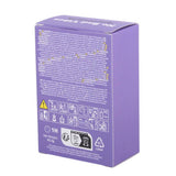 A purple rectangular product box shown at a three-quarter angle on a white background, displaying the back panel with text, warning icons, and product information.
