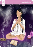 Illustration of a person meditating with a purple background and 'Meditation' text.