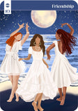 Three women in white dresses standing on a beach under a moonlit sky, with 'Friendship' text at the top.