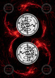 A square graphic design featuring two circular silver-white occult-style symbols with black symbols inside, set against a black background with swirling red smoke or fire effects. Four circular corner emblems with stylized text are visible.
