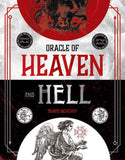 Book cover for 'Oracle of Heaven and Hell' by Travis McEniry, featuring a split design with a red upper section, a black lower section, and white text and illustrations.