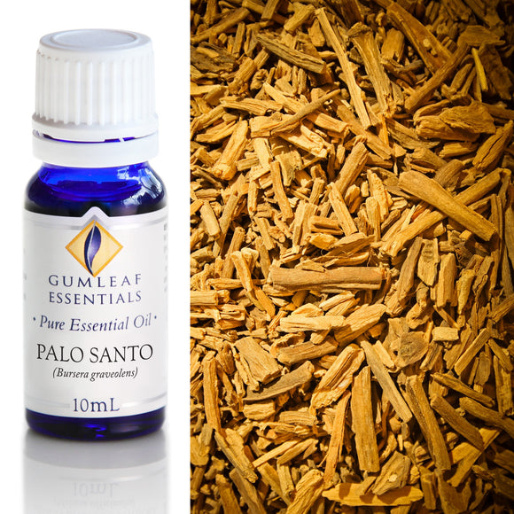 Bottle of Gumleaf Essentials Palo Santo essential oil with a close-up of Palo Santo sticks.