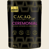 Cacao Gold Ceremonial single origin cacao paste packaging on a beige background