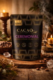 Cacao Gold Ceremonial single origin cacao paste packaging on a wooden surface with candles and crystals.