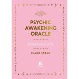 Front cover of the book 'Psychic Awakening Oracle' by Claire Stone, featuring a light pink background with gold and white text and decorative spiritual symbols.