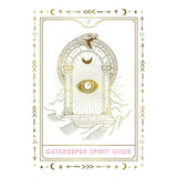 A square graphic with a white background and a centered mystical illustration in gold line art: a snake coiled around an arch, a crescent moon above, an eye at the center, and decorative symbols around the border. The text 'GATEKEEPER SPIRIT GUIDE' appears in pink at the bottom.