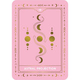 A pink tarot card with gold celestial illustrations, including a central snake wrapping through moon phases and dots, with the text '13 ASTRAL PROJECTION' at the bottom.