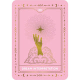 A pink tarot-style card with gold decorative border lines, a central gold hand reaching upward toward a gold starburst, clouds at the bottom, and the text '20 DREAM INTERPRETATION' in white.