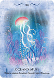 Card with a jellyfish and underwater plants on a blue background, labeled 'Ocean's Muse'.
