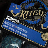 Close-up of a 'Ritual Bombita' packaging with decorative elements and text.